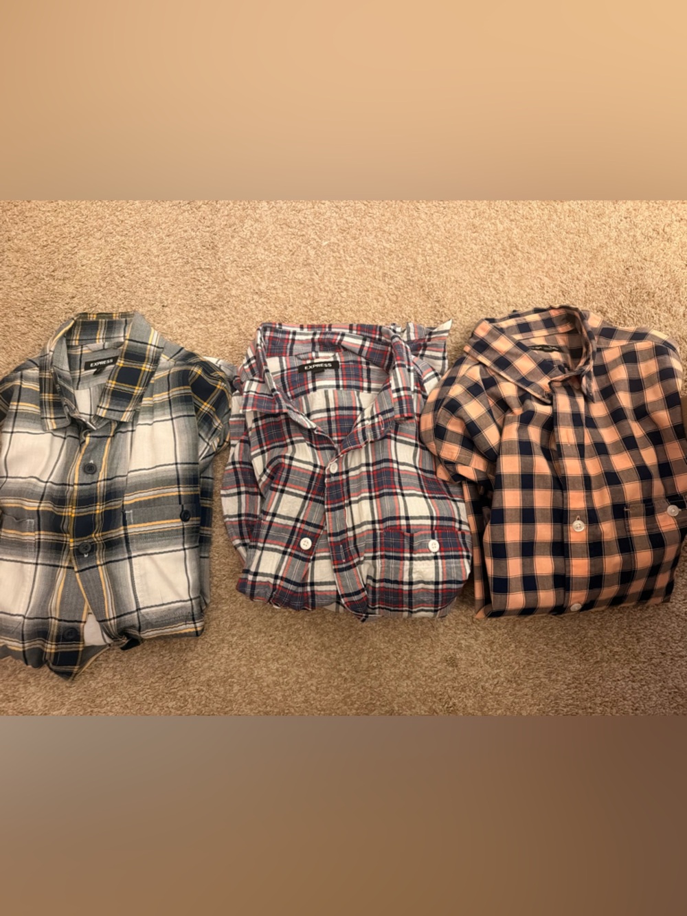 Express Menโs Plaid Button-Down Shirts - Black/Yellow, Red/White, Peach/Black